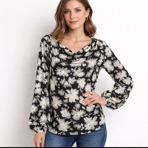 LOFT Women’s Floral Long Sleeve Cowl Neck Blouse Size XL Black White